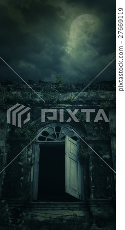 Spooky ancient window building with full moon Spooky ancient window building with full moon 27669119