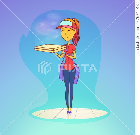 Girl or female worker with pizza in her hands 27674148