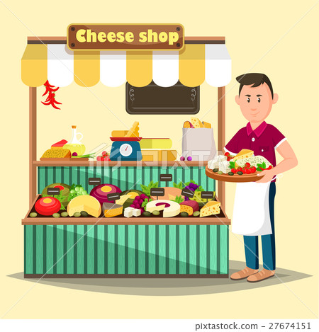 Showcase with man selling cheese products 27674151
