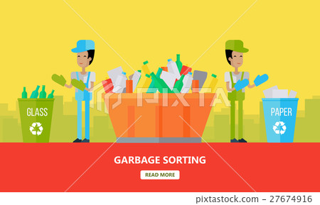 圖庫插圖: garbage sorting banner. men sort glass and paper.