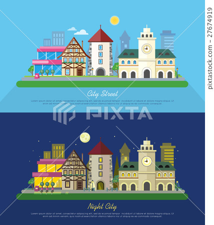 City Street Vector Illustration at Day and Night City Street Vector Illustration at Day and Night 27674919