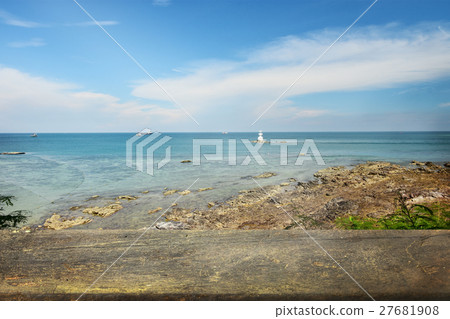 Wooden table with View of sea background 27681908