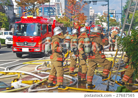 Fire fighting team activities at the fire site Fire fighting team activities at the fire site 27687565