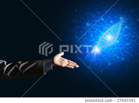 Science medicine and technology concepts as DNA molecule on dark background with connection lines Science medicine and technology concepts as DNA molecule on dark background with connection lines 27693391
