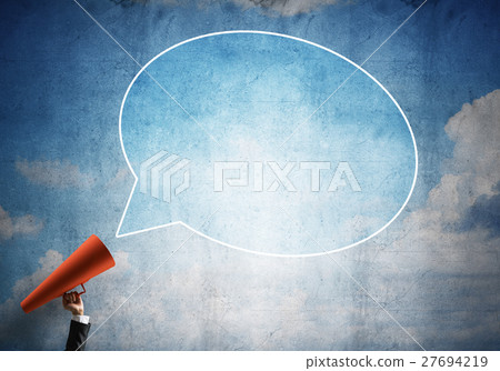Hand of businesswoman holding red paper trumpet and speech cloud Hand of businesswoman holding red paper trumpet and speech cloud 27694219