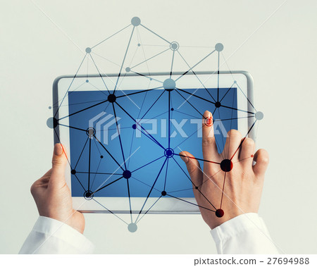 Close of female doctor hands working with tablet pc computer Close of female doctor hands working with tablet pc computer 27694988