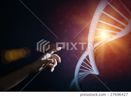 Science medicine and technology concepts as DNA molecule on dark background with connection lines Science medicine and technology concepts as DNA molecule on dark background with connection lines 27696427