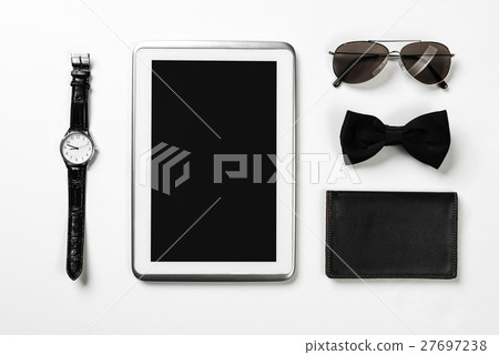 Gentleman kit of tablet watch glasses bow tie and notebook on wo Gentleman kit of tablet watch glasses bow tie and notebook on wo 27697238