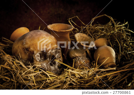 Still life with human a skull on straw and vase 27700861