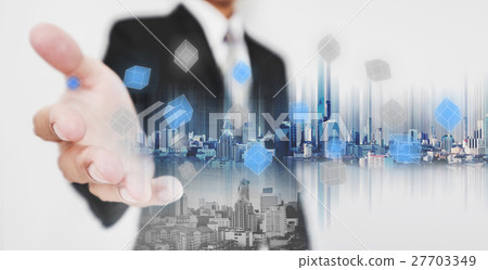Double exposure businessman stretch out hand 27703349