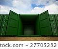 Green open cargo containers in the row 27705282