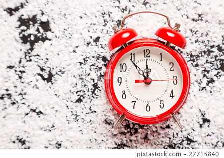Christmas red clock and snow. Beautiful New Year Christmas red clock and snow. Beautiful New Year 27715840