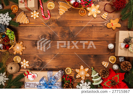 Christmas background with gifts, cookies, decor  27715867