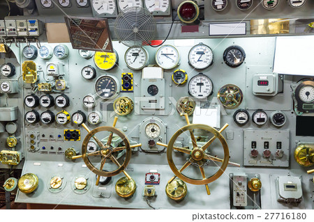 Military ship control panel with gauges. Military ship control panel with gauges. 27716180