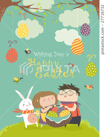 Happy children holding a basket of Easter eggs Happy children holding a basket of Easter eggs 27716732