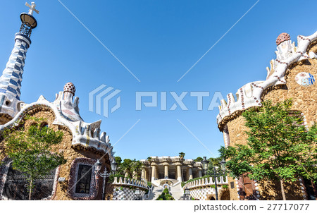 Entrance to the Guell park built by architect Gaudi, Barcelona Spain Entrance to the Guell park built by architect Gaudi, Barcelona Spain 27717077