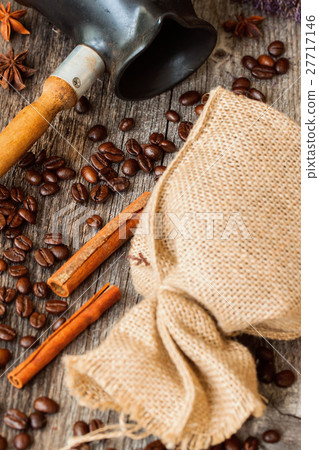 Roasted coffee beans with burlap sac, Cezve, on Roasted coffee beans with burlap sac, Cezve, on 27717146