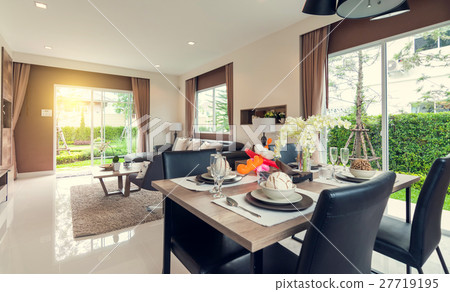 Beautiful room interior with hardwood floors  27719195