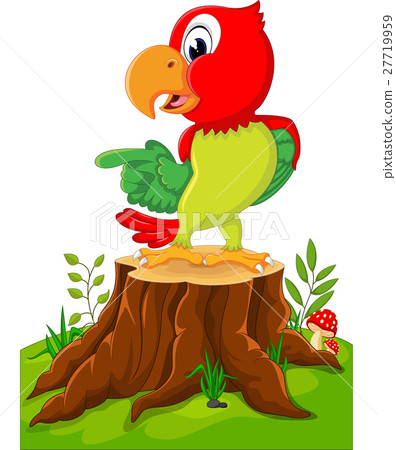 插图素材 cartoon cute parrot on tree stump