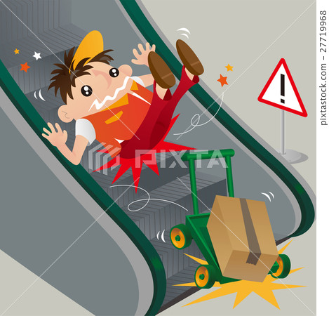 A careless delivery man slipping on escalator 27719968