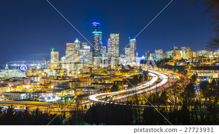 Seattle cityscape at night with traffic light. 27723931