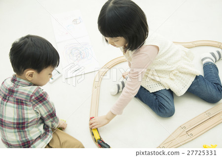 Children playing with friends and train toys 2 people 27725331