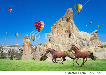 Hot air balloons and horses running in Cappadocia 27727276