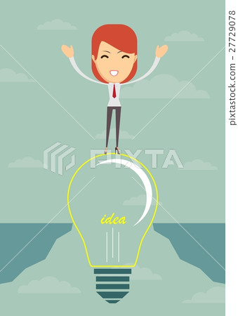 Businesswoman on a bulb cross an abyss. Vector 27729078