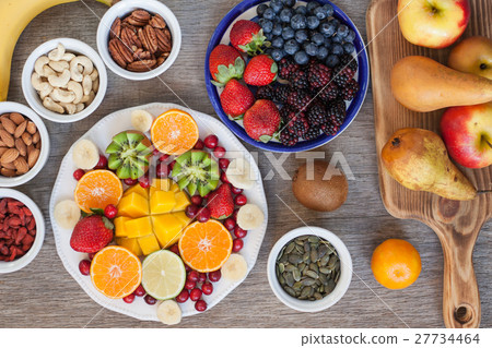 Vegan breakfast: fruits and nuts Vegan breakfast: fruits and nuts 27734464