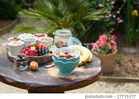 Paleo style breakfast served in the garden 27735377