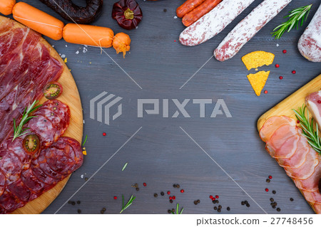 Picnic table with spanish sausage tapas Picnic table with spanish sausage tapas 27748456