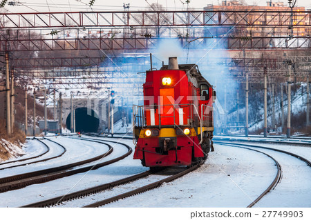 Red diesel engine shunting locomotive Red diesel engine shunting locomotive 27749903