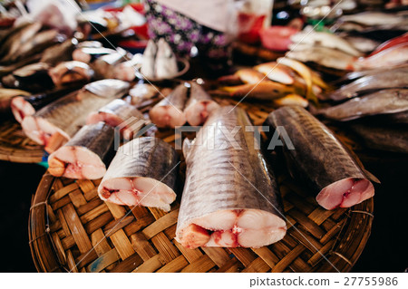 Raw fish sliced and cut at street market 27755986