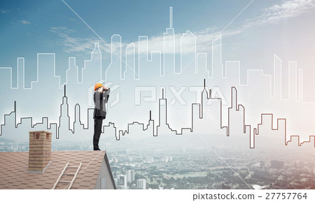 Engineer man standing on roof and looking in binoculars. Mixed media 27757764