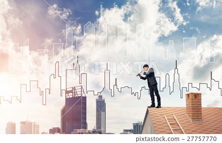 Engineer man standing on roof and looking in spyglass. Mixed med 27757770