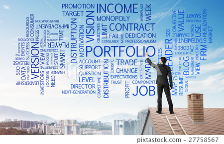 Young businessman standing on house roof and writing leadership skill concept. Mixed media Young businessman standing on house roof and writing leadership skill concept. Mixed media 27758567