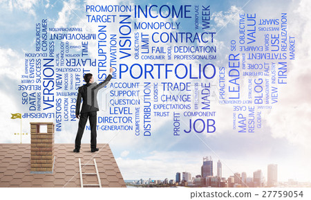 Young businessman standing on house roof and writing leadership skill concept. Mixed media 27759054