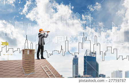 Engineer man standing on roof and looking in spyglass. Mixed media 27759787