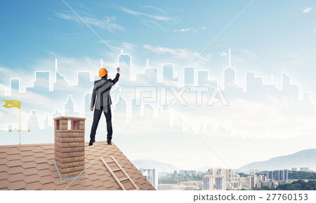 Man architect draw silhouette of modern city on blue sky. Mixed Man architect draw silhouette of modern city on blue sky. Mixed 27760153