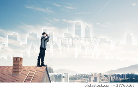 Businessman standing on roof and looking in binoculars. Mixed me Businessman standing on roof and looking in binoculars. Mixed me 27760165