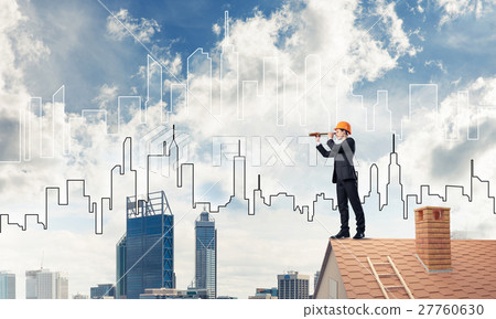 Engineer man standing on roof and looking in spyglass. Mixed med Engineer man standing on roof and looking in spyglass. Mixed med 27760630