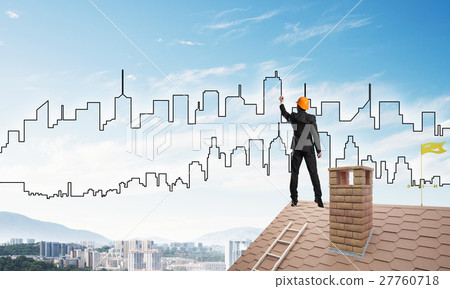 Man architect draw silhouette of modern city on blue sky. Mixed media Man architect draw silhouette of modern city on blue sky. Mixed media 27760718