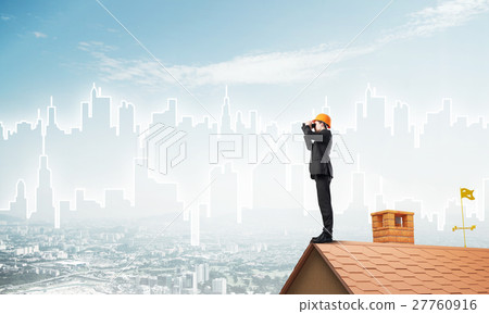Engineer man standing on roof and looking in binoculars. Mixed media Engineer man standing on roof and looking in binoculars. Mixed media 27760916