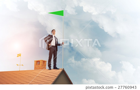 Young businessman with flag presenting concept of leadership. Mi Young businessman with flag presenting concept of leadership. Mi 27760943