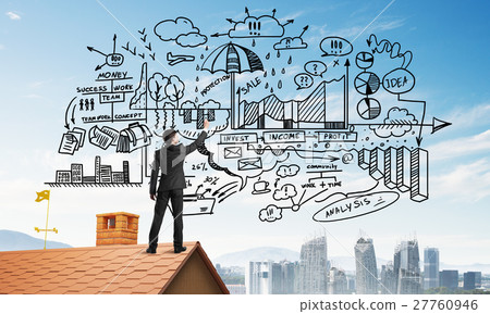Rear view of businessman on house roof drawing his new business strategy. Mixed media Rear view of businessman on house roof drawing his new business strategy. Mixed media 27760946