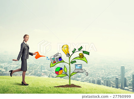 Young businesswoman outdoors watering drawn growth concept with can 27760999