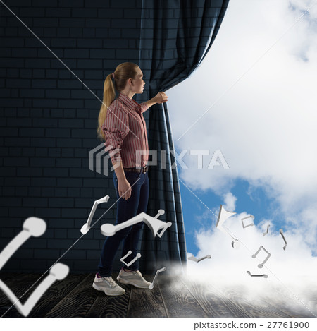 young woman pushes the curtain looking at clouds young woman pushes the curtain looking at clouds 27761900