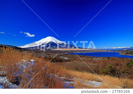 Fuji in the blue sky back, Lake Yamanaka and Southern Alps Copy space 27765108