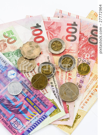 香港的紙鈔與硬幣在白色的背景中 27772964