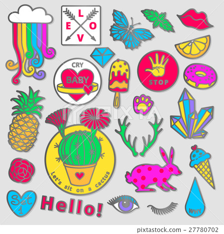 Fashion badge elements in cartoon 80s-90s comic Fashion badge elements in cartoon 80s-90s comic 27780702